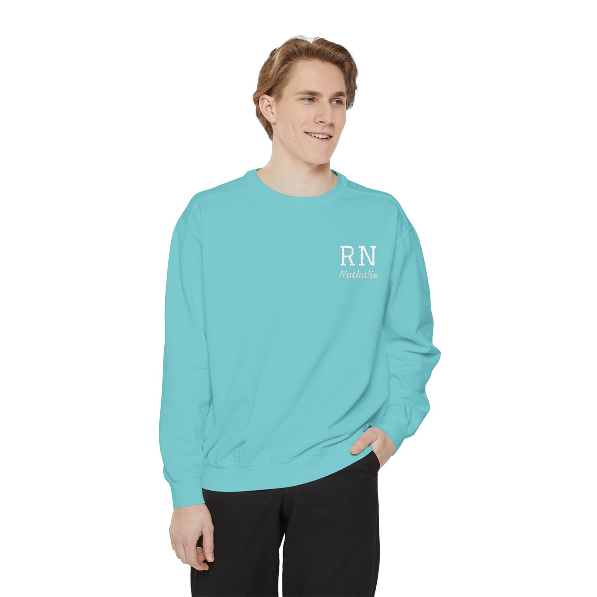 Personalized Embroidered RN Nurse Sweatshirt | Custom Name Registered Nurse Crewneck | Nurse Graduation Gift | Comfort Colors | Pocket Design