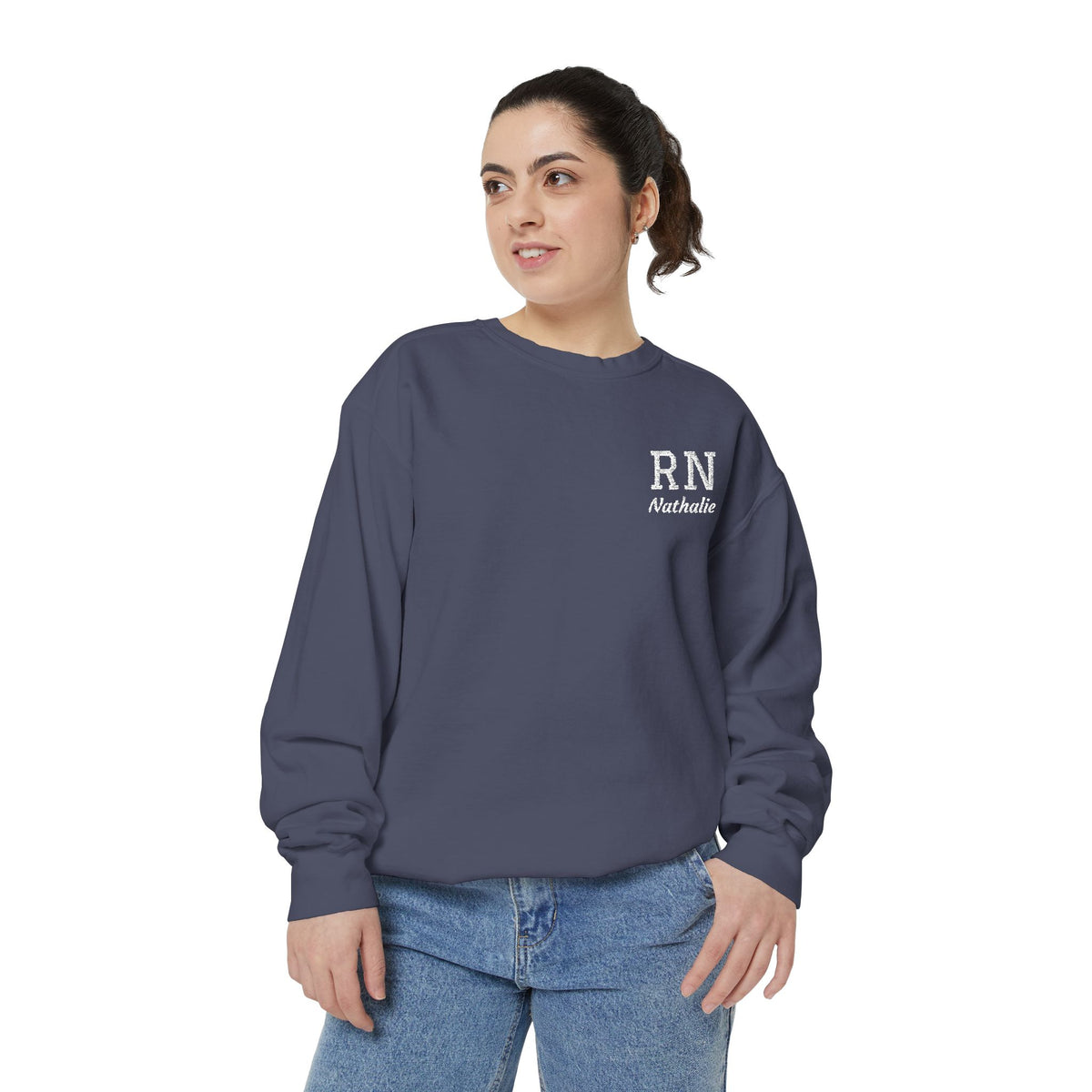 Personalized Embroidered RN Nurse Sweatshirt | Custom Name Registered Nurse Crewneck | Nurse Graduation Gift | Comfort Colors | Pocket Design
