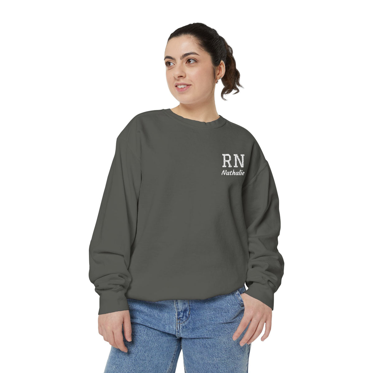 Personalized Embroidered RN Nurse Sweatshirt | Custom Name Registered Nurse Crewneck | Nurse Graduation Gift | Comfort Colors | Pocket Design
