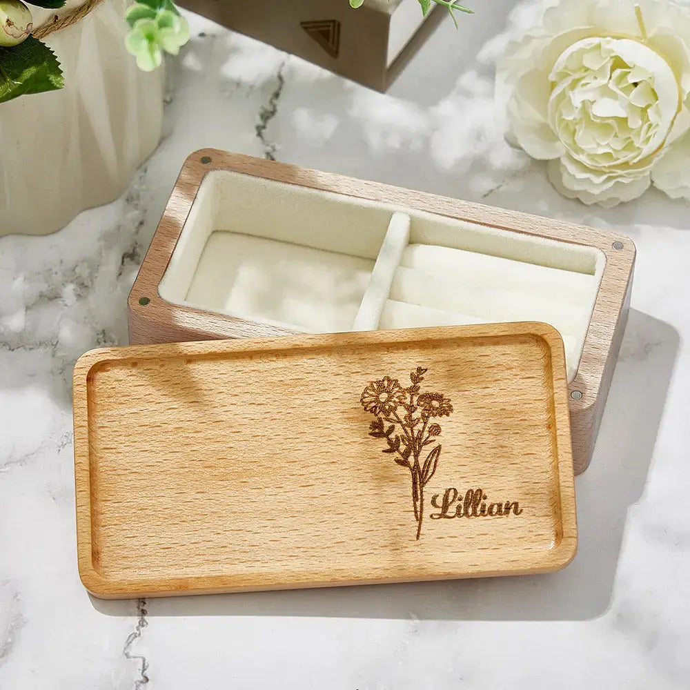Personalized wooden jewelry box with birth flower and custom name, a perfect gift for her.