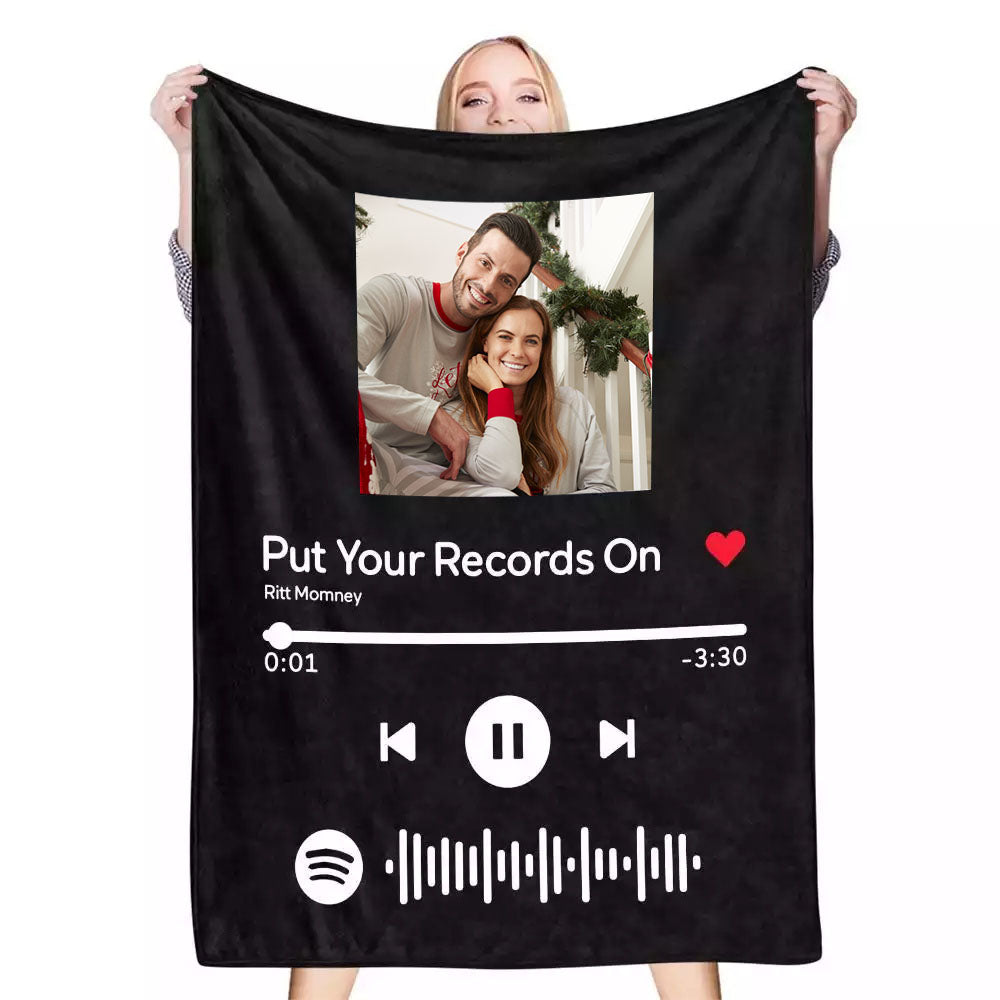 Custom Spotify code blanket with couple's photo and song lyrics, perfect gift