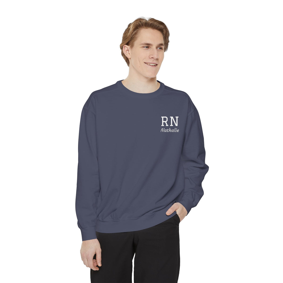 Personalized Embroidered RN Nurse Sweatshirt | Custom Name Registered Nurse Crewneck | Nurse Graduation Gift | Comfort Colors | Pocket Design