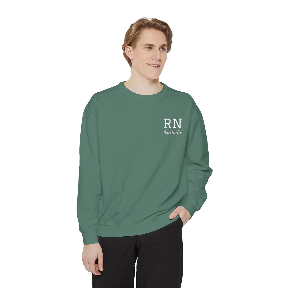 Personalized Embroidered RN Nurse Sweatshirt | Custom Name Registered Nurse Crewneck | Nurse Graduation Gift | Comfort Colors | Pocket Design