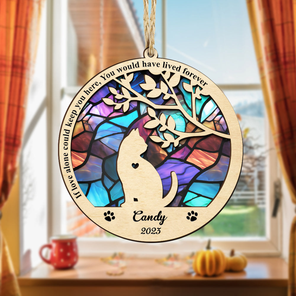 Custom Cat Memorial Suncatcher, Pet Memorial Ornament, Personalized Sympathy Gift, Wooden Frame, Stained Glass.