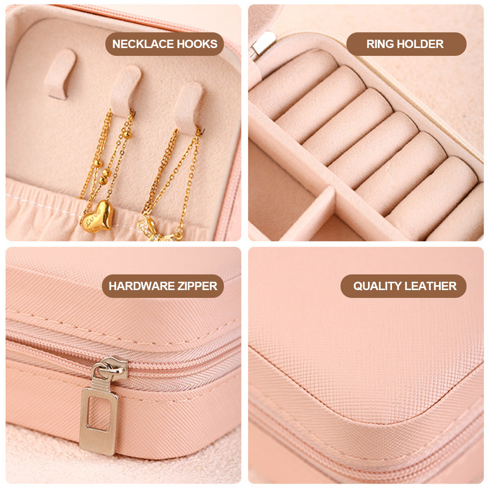 Pink PU leather jewelry organizer with multiple compartments for rings, earrings, necklaces, and watches, ideal gift for her.