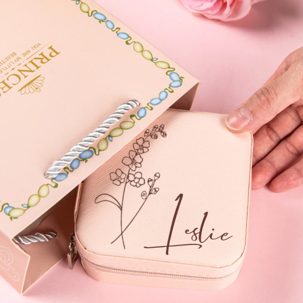 Custom Birth Flower Jewelry Box with Name - Julia, PU Leather Gift