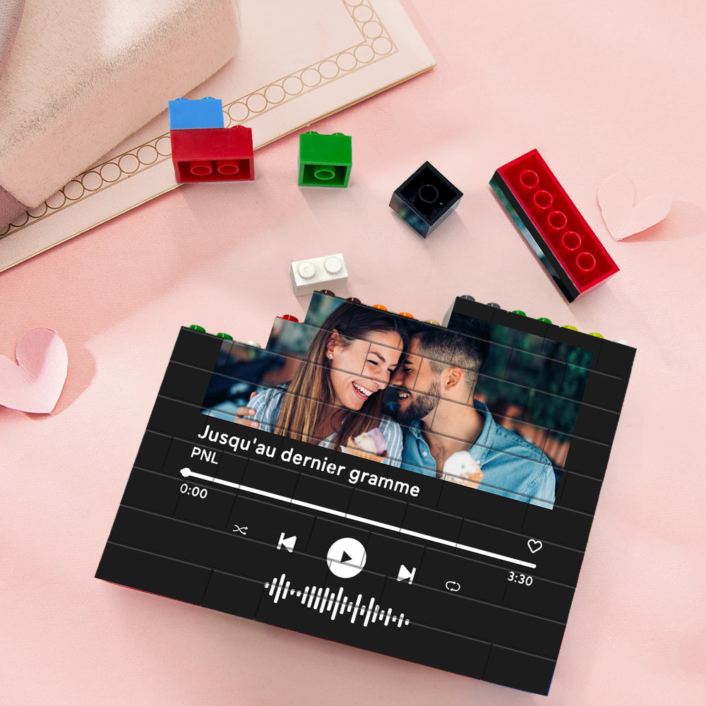 Personalized music code building brick with custom photo and song code, perfect for anniversary gifts.