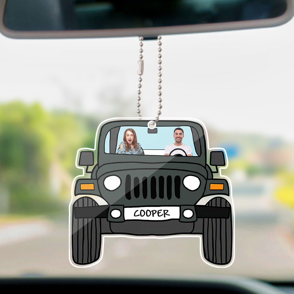 Personalized off-road car ornament with couple photo, black acrylic, hanging car decoration