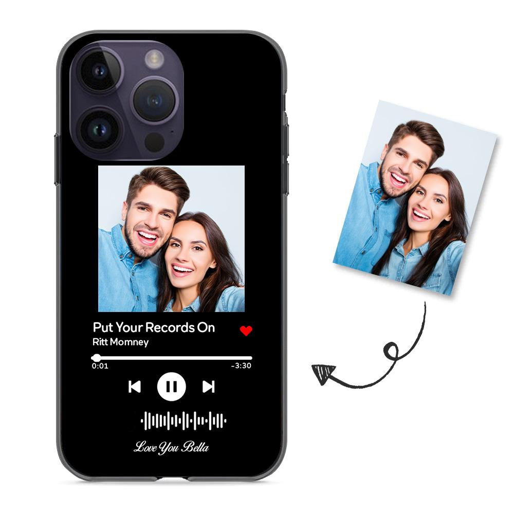Black iPhone case with couple photo and 'Put Your Records On' music code.