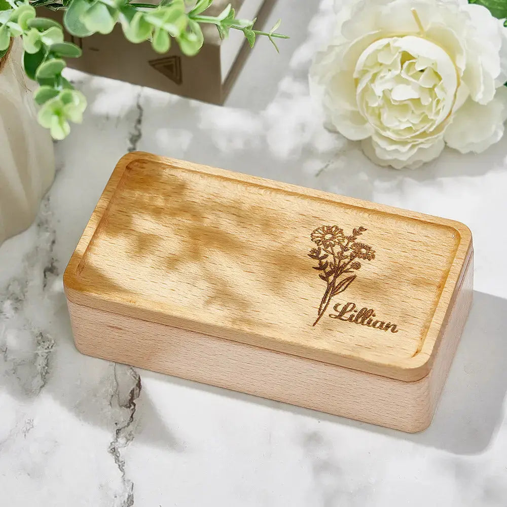 Personalized wooden jewelry box with birth flower engraving, custom name, perfect gift for her.