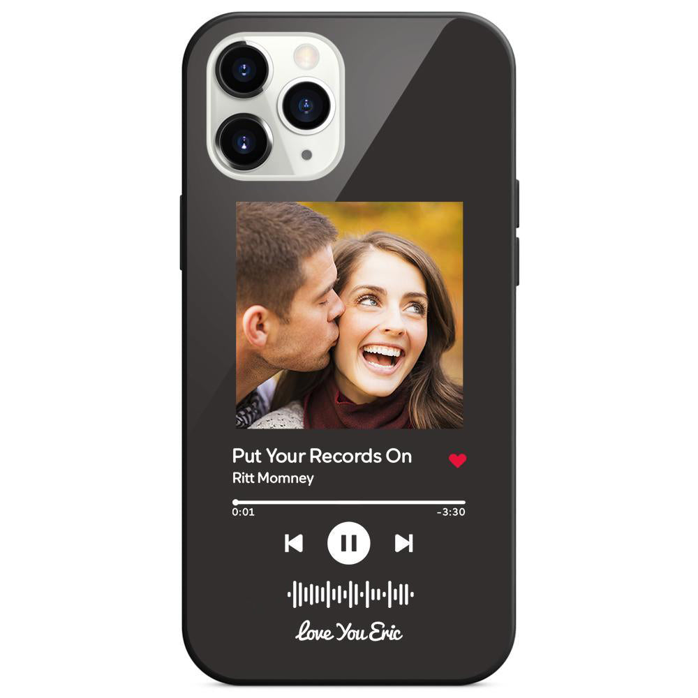 Custom black glass iPhone case with couple photo and scannable music code, personalized music gift