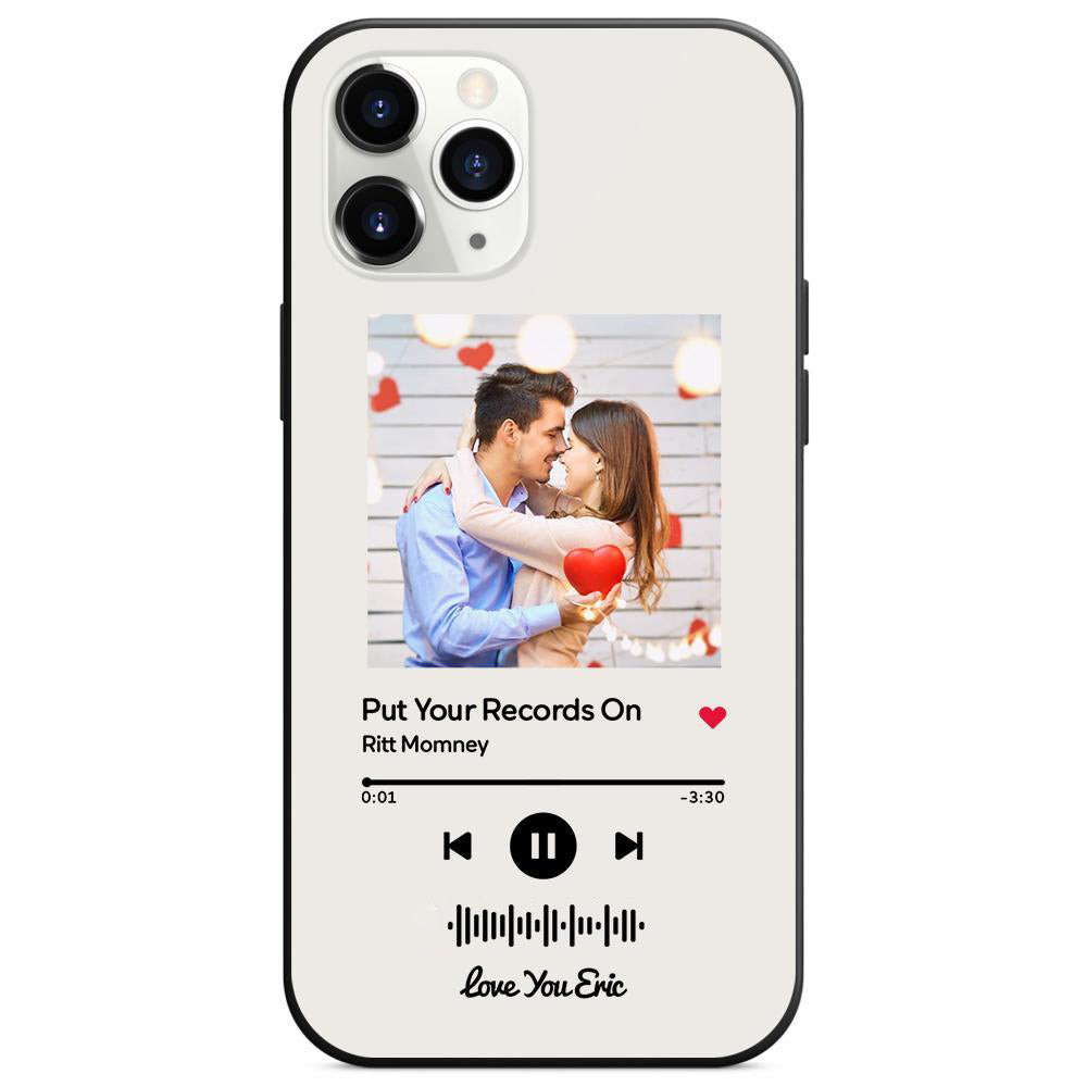 Custom white glass iPhone case with couple photo, scannable music code, song: Put Your Records On, personalized gift.