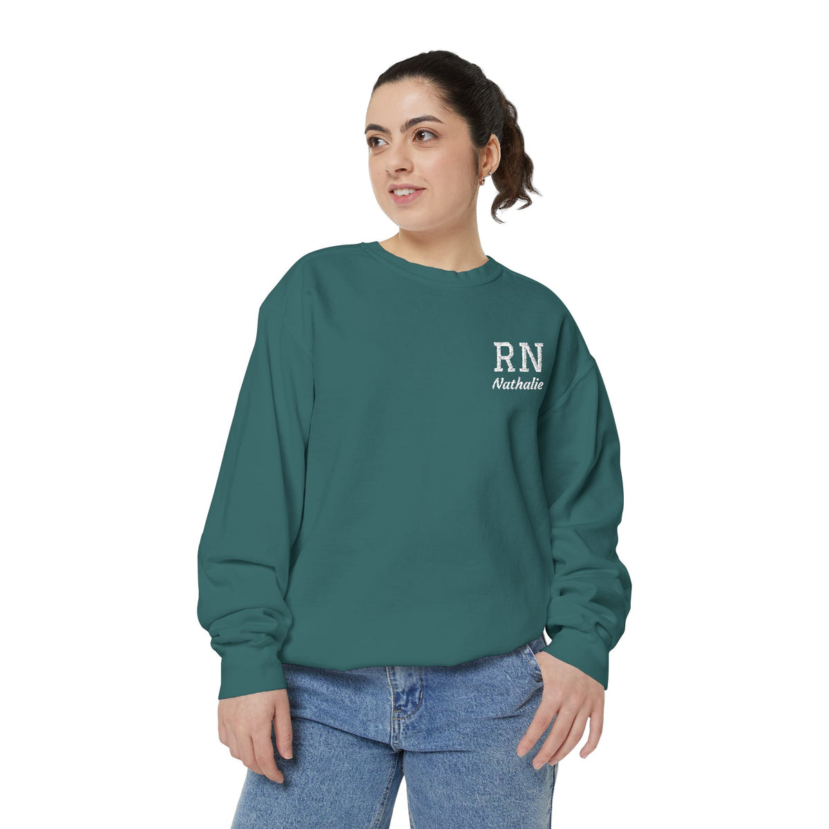 Personalized Embroidered RN Nurse Sweatshirt | Custom Name Registered Nurse Crewneck | Nurse Graduation Gift | Comfort Colors | Pocket Design