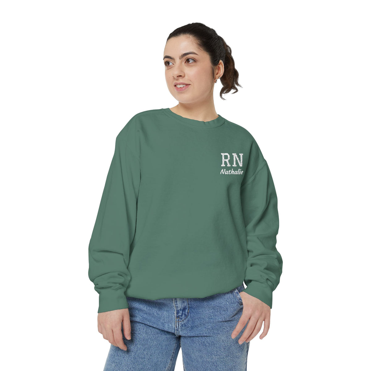 Personalized Embroidered RN Nurse Sweatshirt | Custom Name Registered Nurse Crewneck | Nurse Graduation Gift | Comfort Colors | Pocket Design