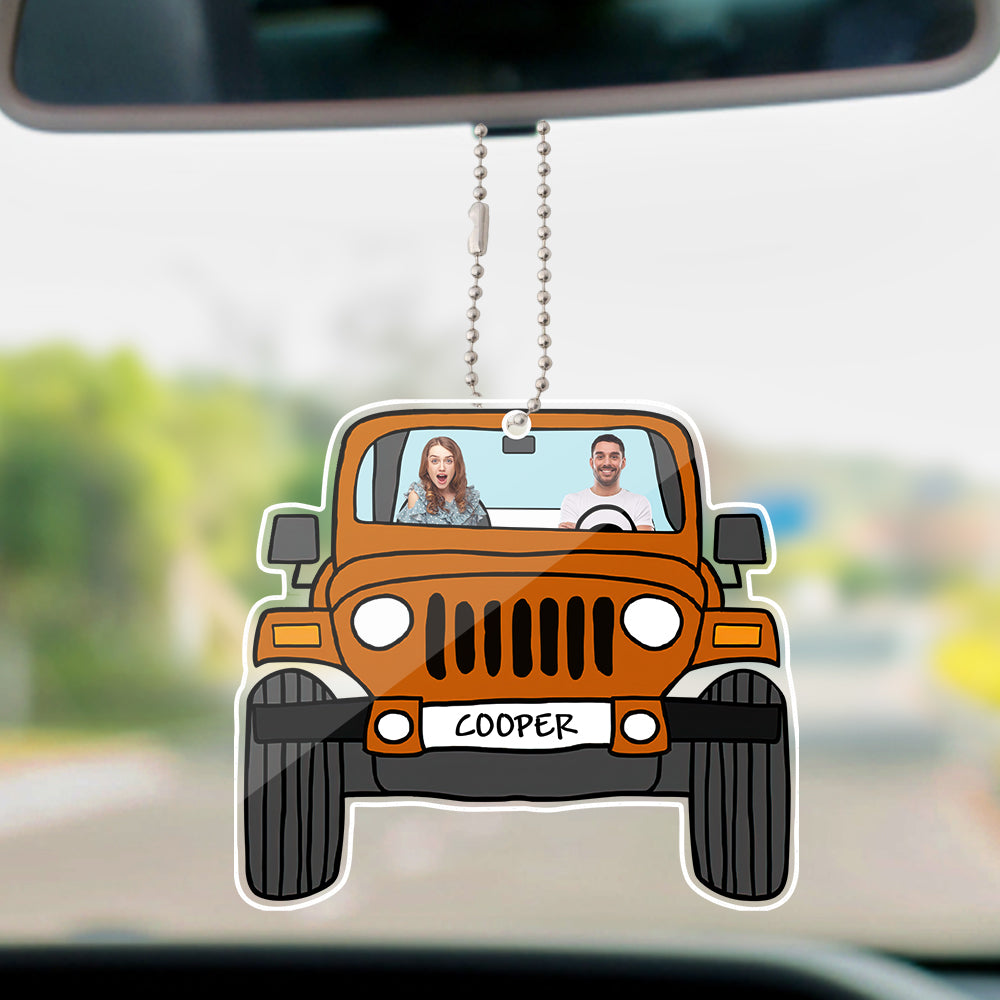 Personalized off-road car ornament, orange acrylic, double-sided with custom photo and text, hanging car decoration.