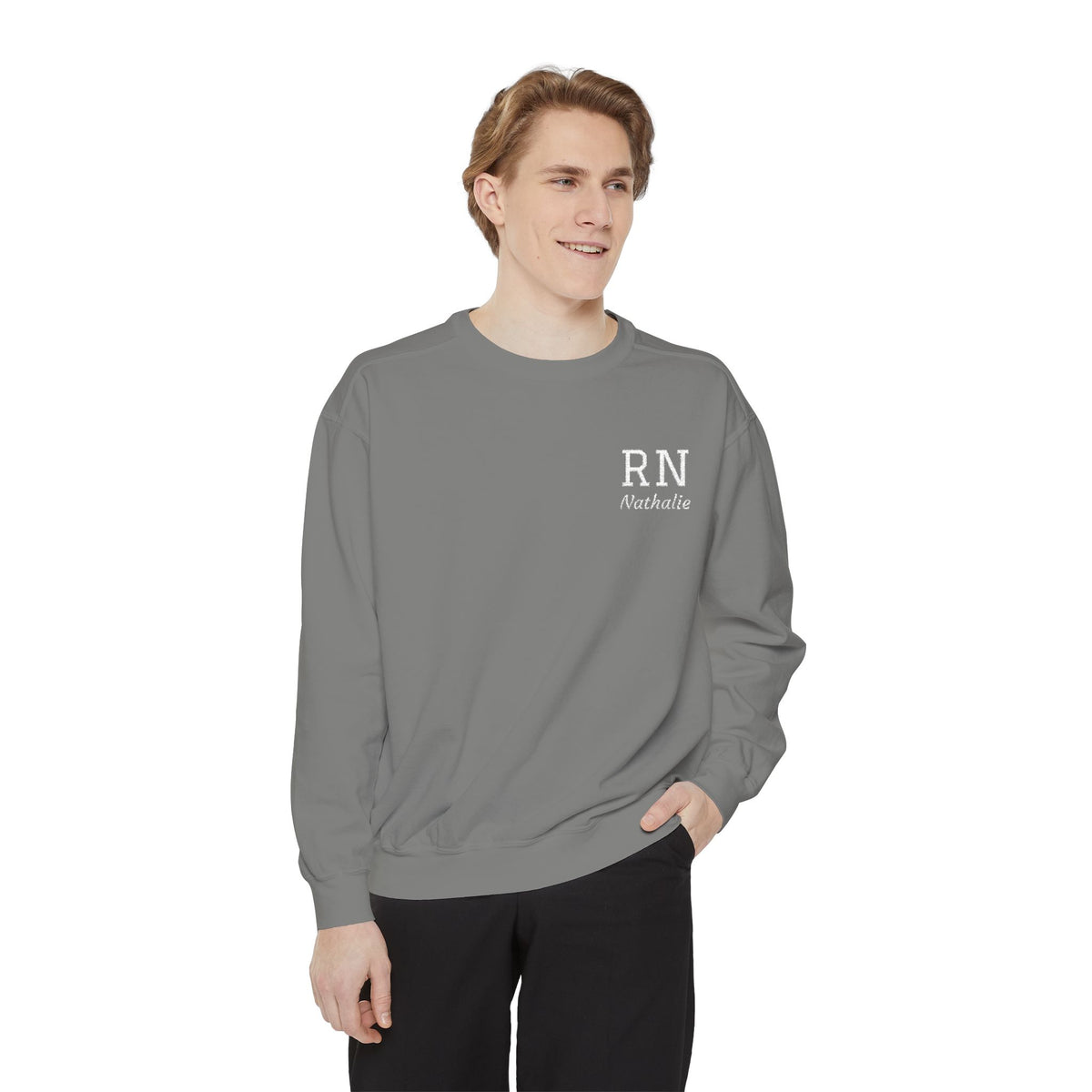 Personalized Embroidered RN Nurse Sweatshirt | Custom Name Registered Nurse Crewneck | Nurse Graduation Gift | Comfort Colors | Pocket Design