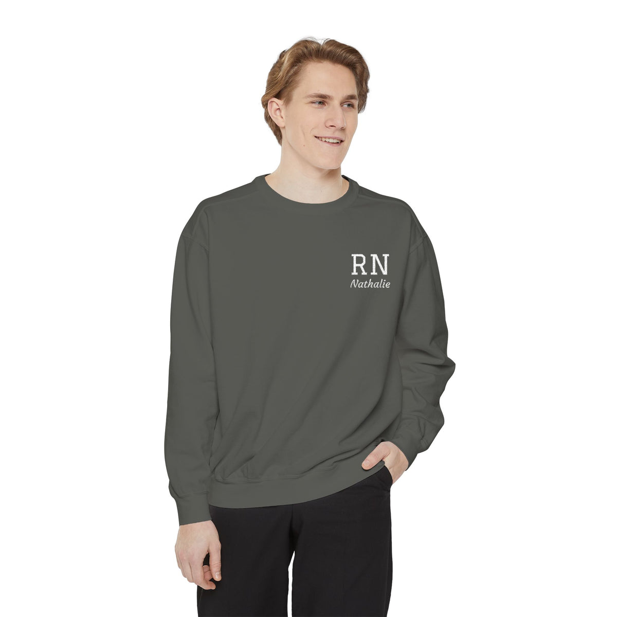 Personalized Embroidered RN Nurse Sweatshirt | Custom Name Registered Nurse Crewneck | Nurse Graduation Gift | Comfort Colors | Pocket Design