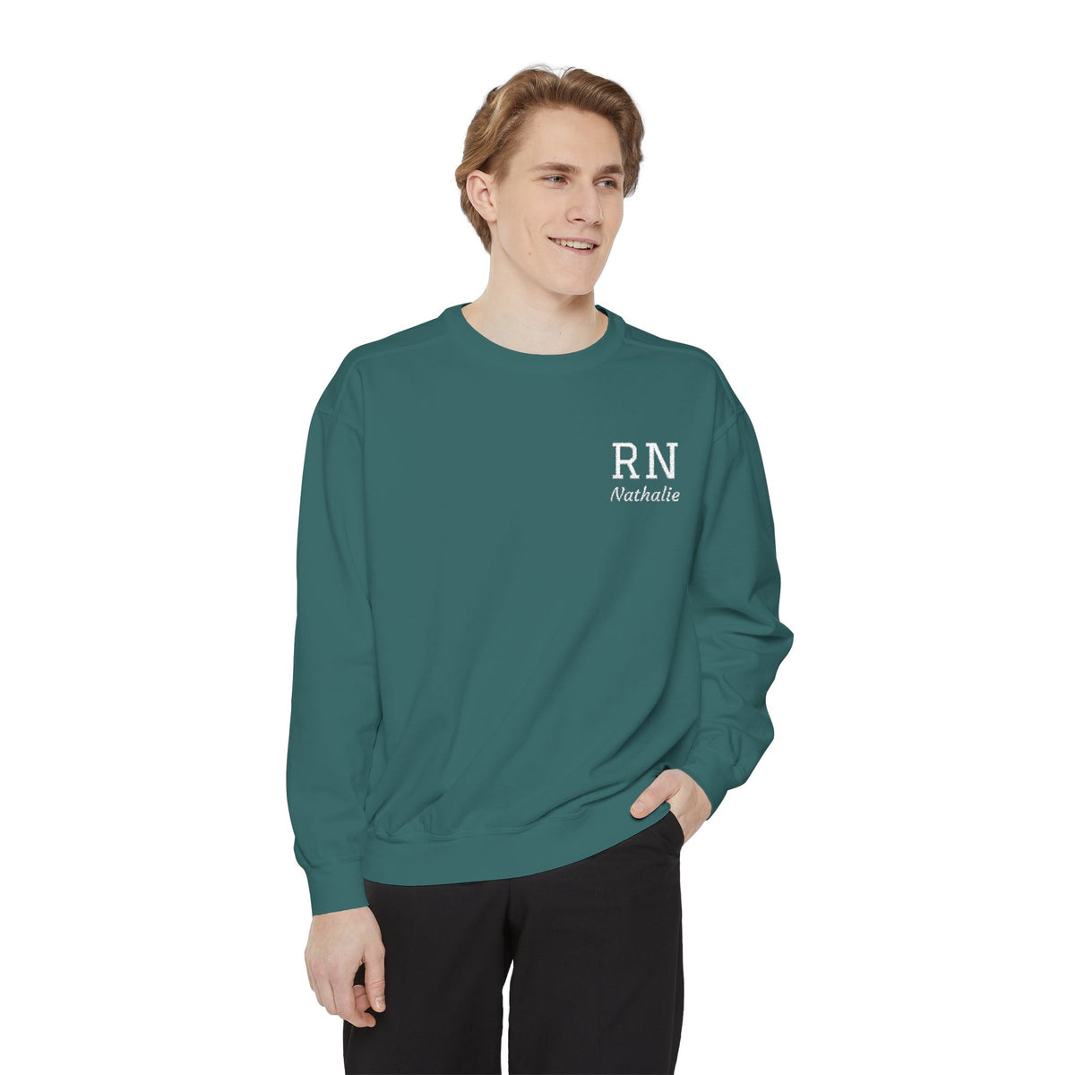 Personalized Embroidered RN Nurse Sweatshirt | Custom Name Registered Nurse Crewneck | Nurse Graduation Gift | Comfort Colors | Pocket Design