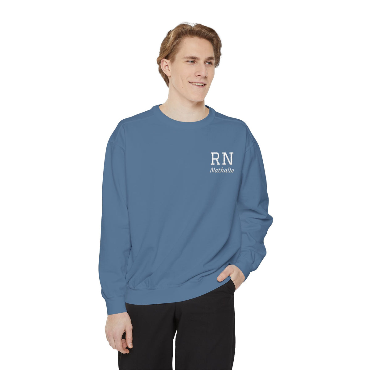 Personalized Embroidered RN Nurse Sweatshirt | Custom Name Registered Nurse Crewneck | Nurse Graduation Gift | Comfort Colors | Pocket Design