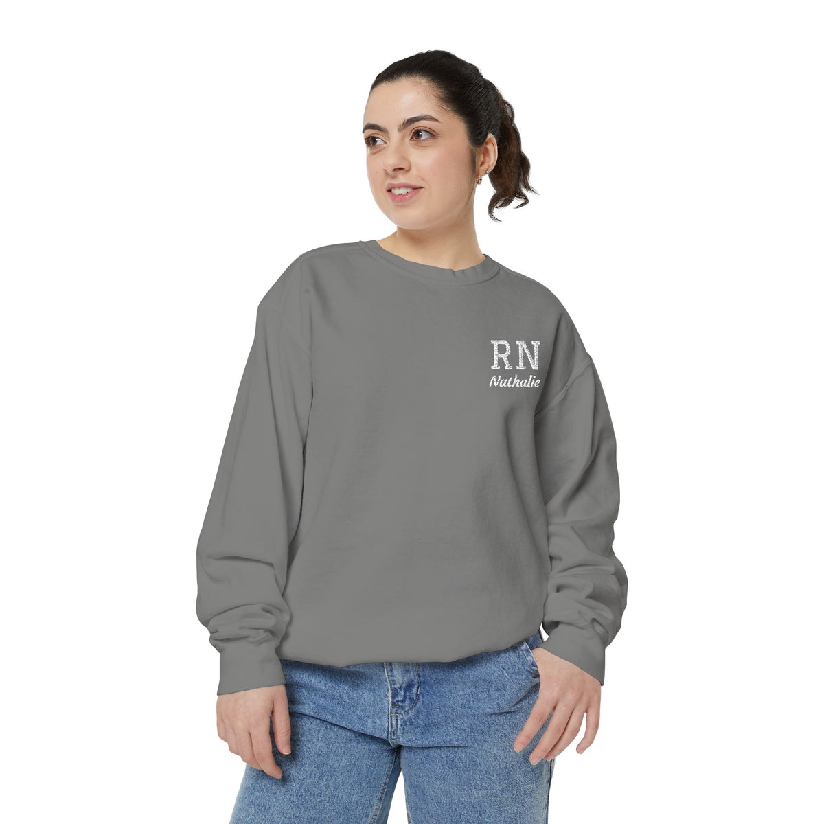 Personalized Embroidered RN Nurse Sweatshirt | Custom Name Registered Nurse Crewneck | Nurse Graduation Gift | Comfort Colors | Pocket Design
