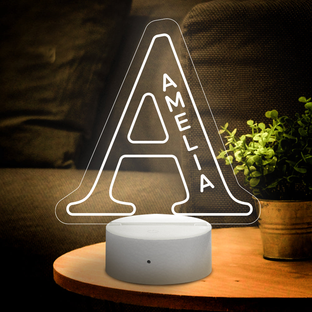 Custom Name A LED Night Light, perfect gift with clear acrylic and USB port, ideal for home decor.