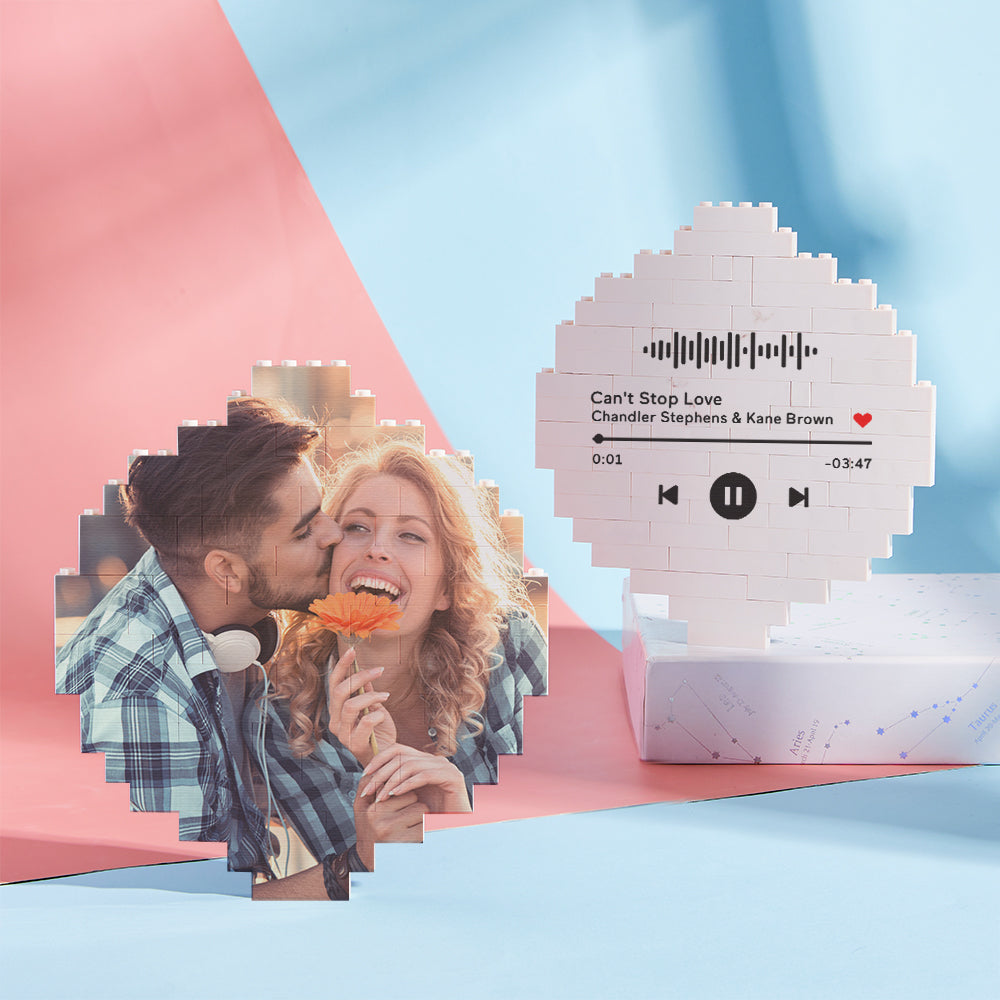Custom music code photo brick puzzle featuring a couple, PVC material, personalized DIY gift.