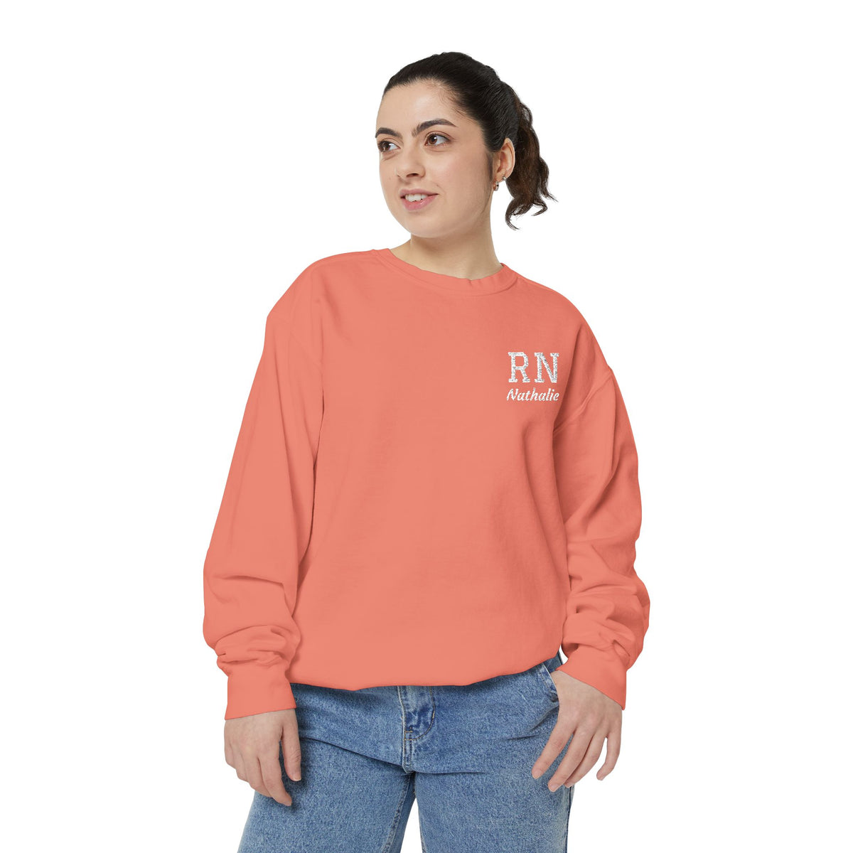 Personalized Embroidered RN Nurse Sweatshirt | Custom Name Registered Nurse Crewneck | Nurse Graduation Gift | Comfort Colors | Pocket Design