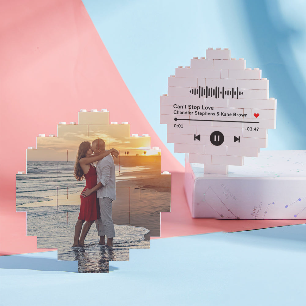 Custom photo brick puzzle with music code, featuring a couple on the beach, made of PVC material, DIY gift.