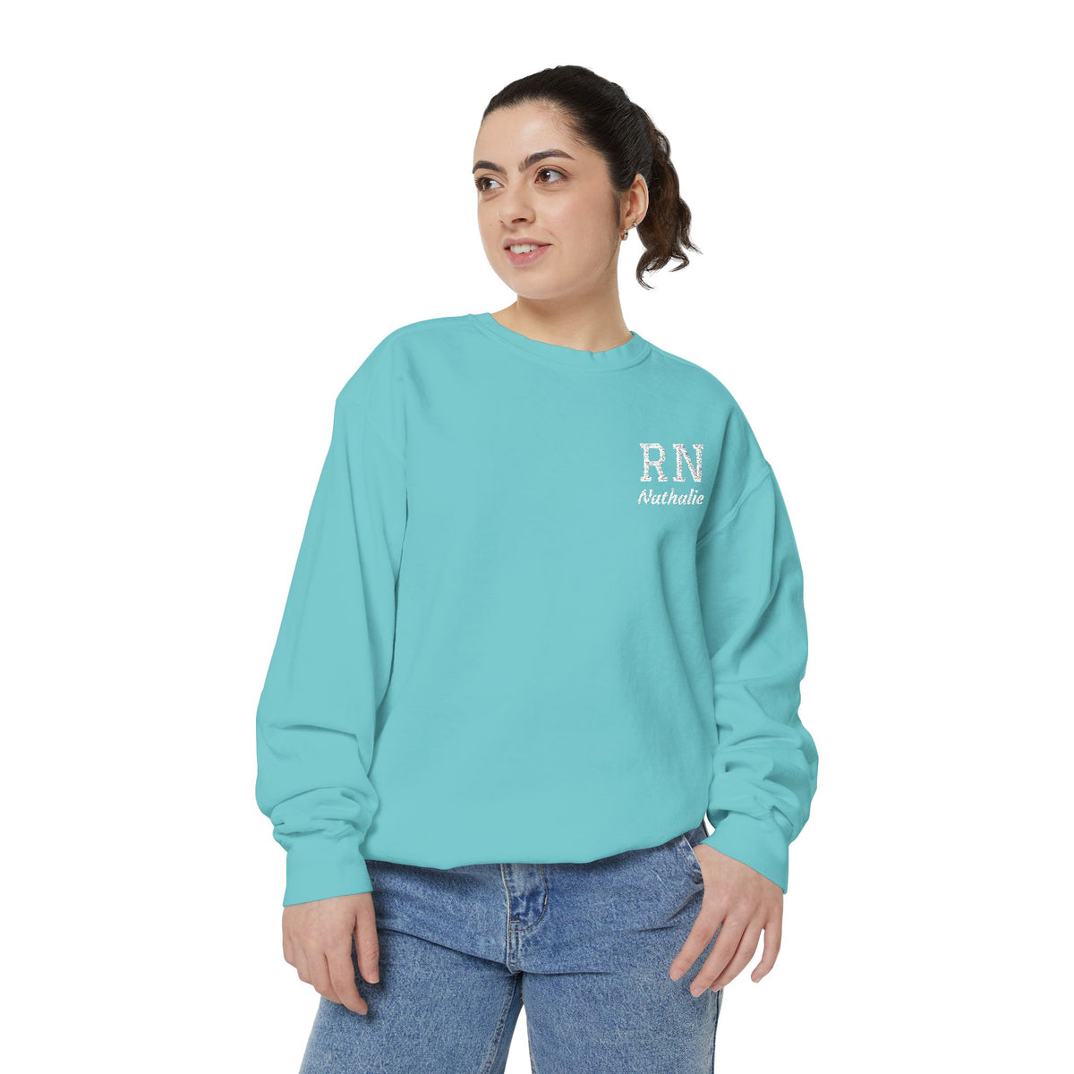 Personalized Embroidered RN Nurse Sweatshirt | Custom Name Registered Nurse Crewneck | Nurse Graduation Gift | Comfort Colors | Pocket Design