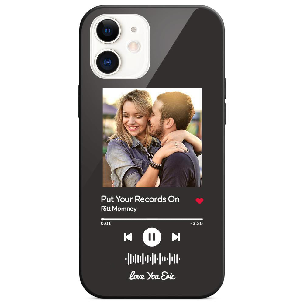 Custom black glass iPhone case with couple photo and scannable music code.