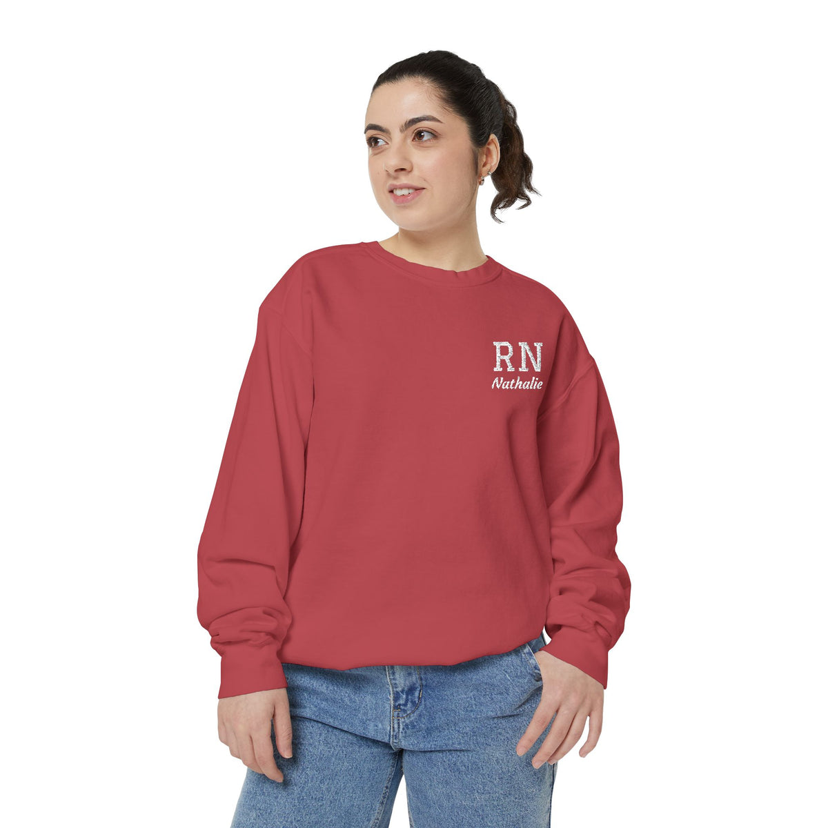 Personalized Embroidered RN Nurse Sweatshirt | Custom Name Registered Nurse Crewneck | Nurse Graduation Gift | Comfort Colors | Pocket Design