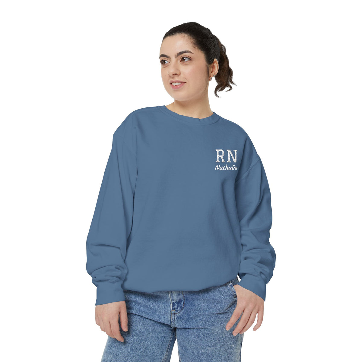 Personalized Embroidered RN Nurse Sweatshirt | Custom Name Registered Nurse Crewneck | Nurse Graduation Gift | Comfort Colors | Pocket Design