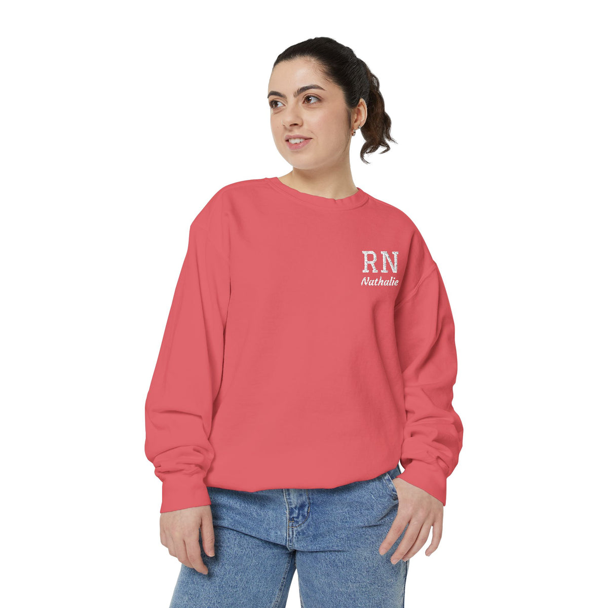 Personalized Embroidered RN Nurse Sweatshirt | Custom Name Registered Nurse Crewneck | Nurse Graduation Gift | Comfort Colors | Pocket Design
