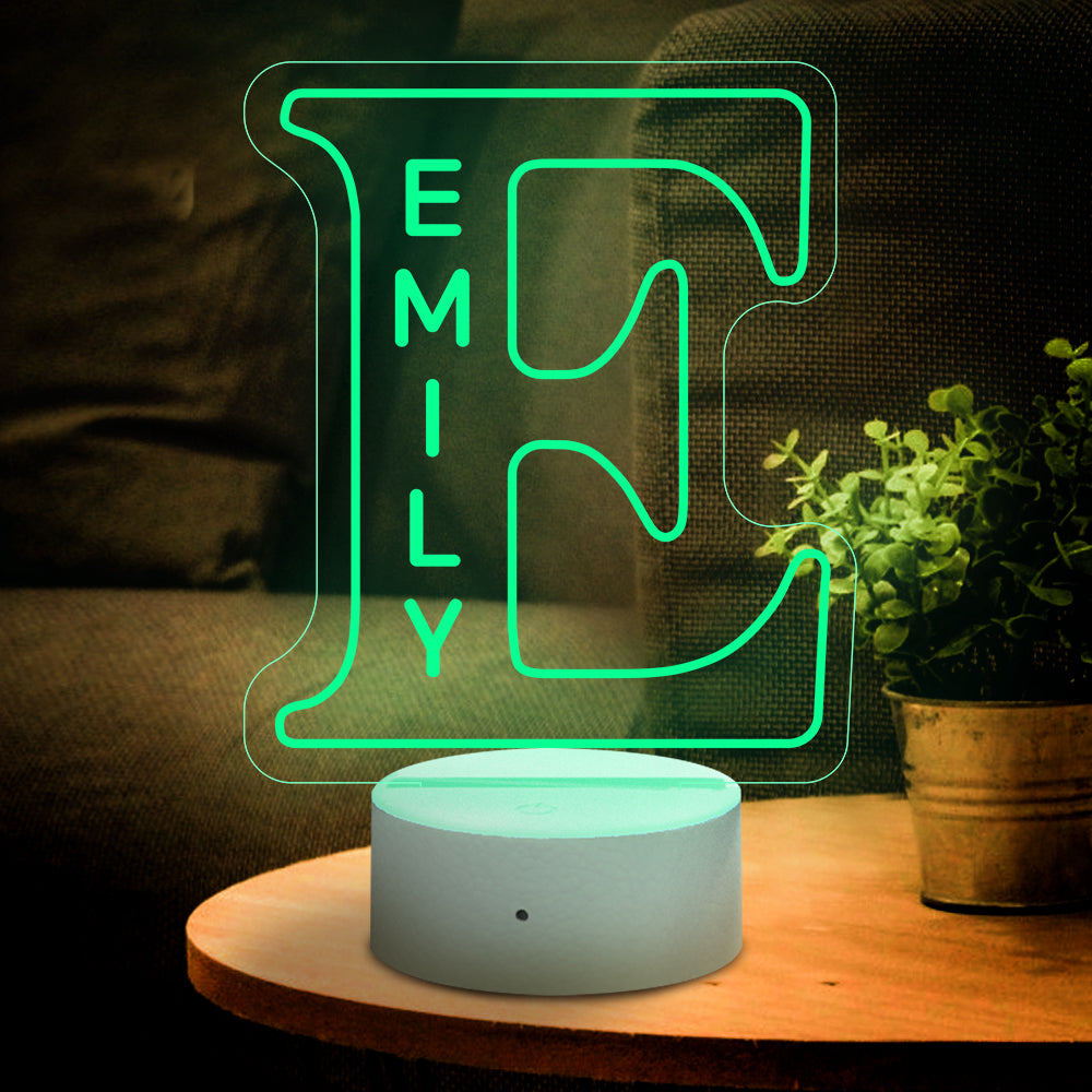 Custom "E" LED night light with "EMILY" name, acrylic lamp with USB port, ideal home decor gift.