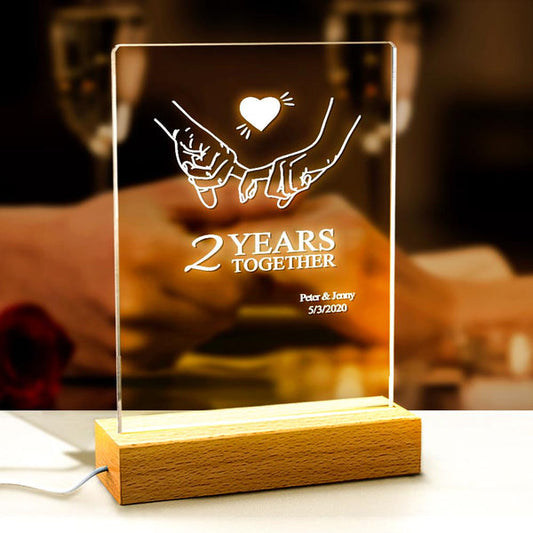 Anniversary night light with custom name and date, transparent acrylic wooden base couple gift