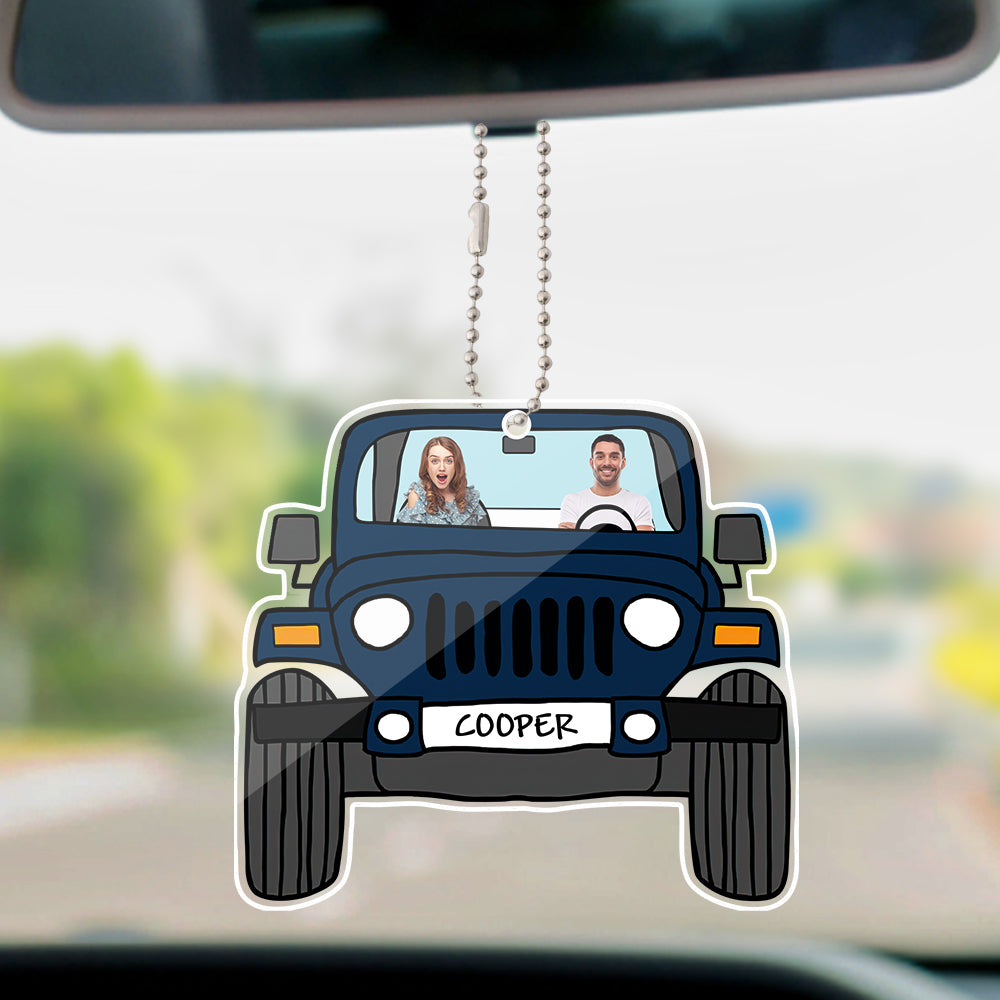Personalized double-sided acrylic off-road car hanging ornament with custom photo and text.