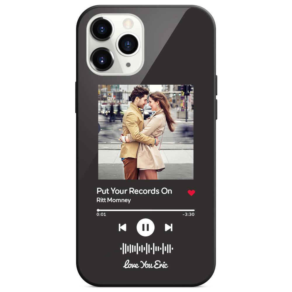 Custom Black Glass iPhone Case with Couple Photo and Scannable Music Code