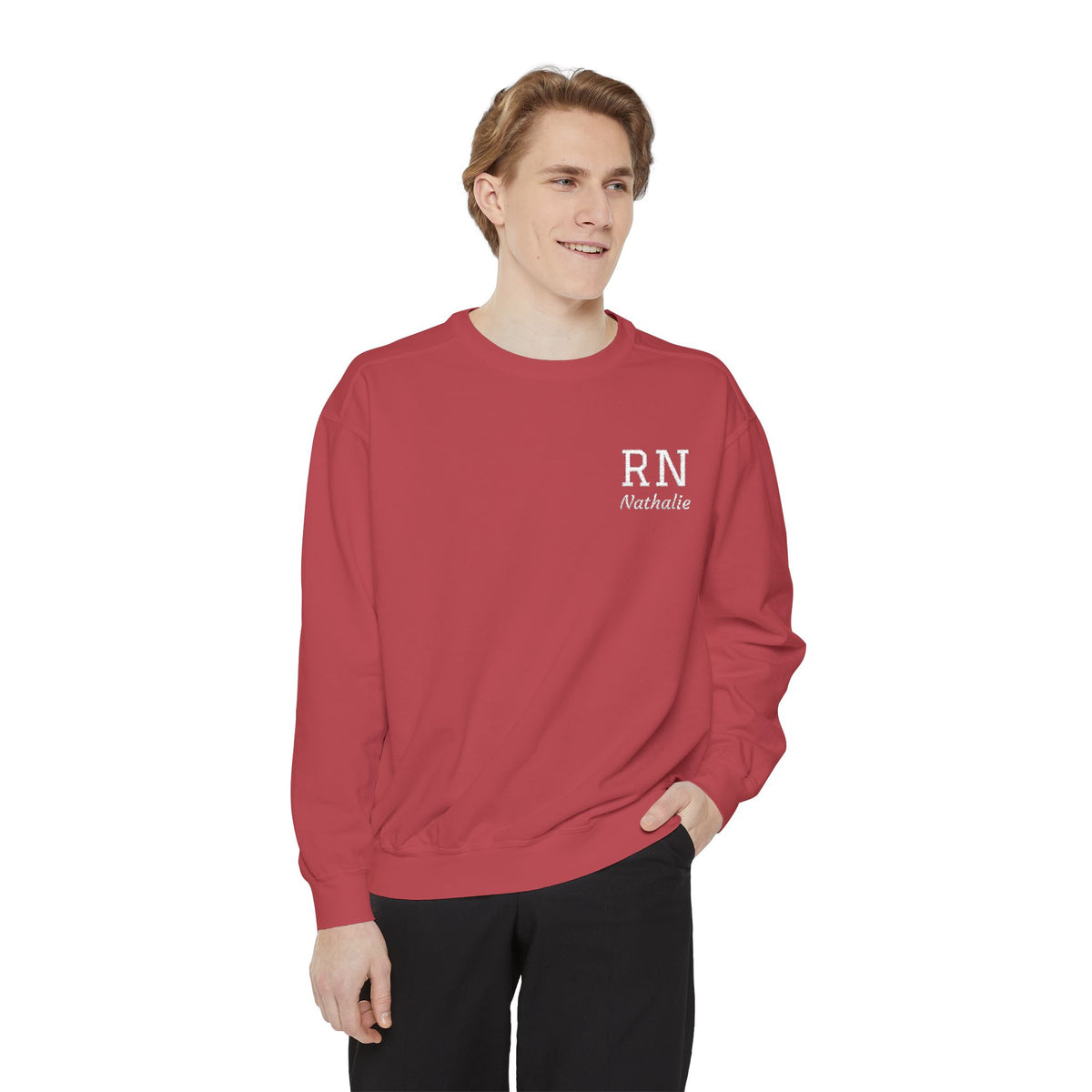 Personalized Embroidered RN Nurse Sweatshirt | Custom Name Registered Nurse Crewneck | Nurse Graduation Gift | Comfort Colors | Pocket Design