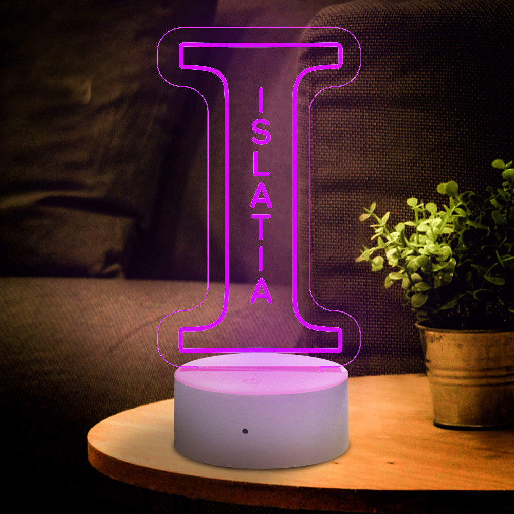 Custom "I" LED Night Light with "ISLATIA" Name, Acrylic Lamp, USB Powered, Home Decor Gift