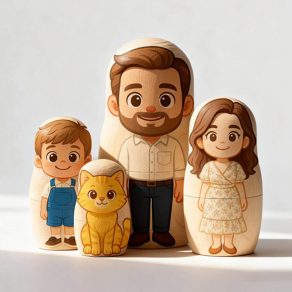 Personalized Family Portrait Nesting Doll with Box Custom Photo into Cartoon Style Preview Christmas Gift