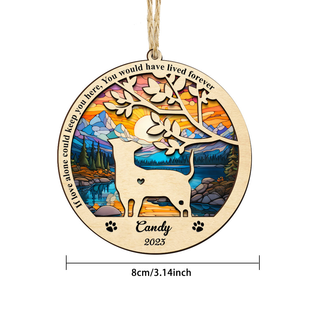Personalized dog memorial suncatcher, custom name and year, wooden ornament, pet loss gift.