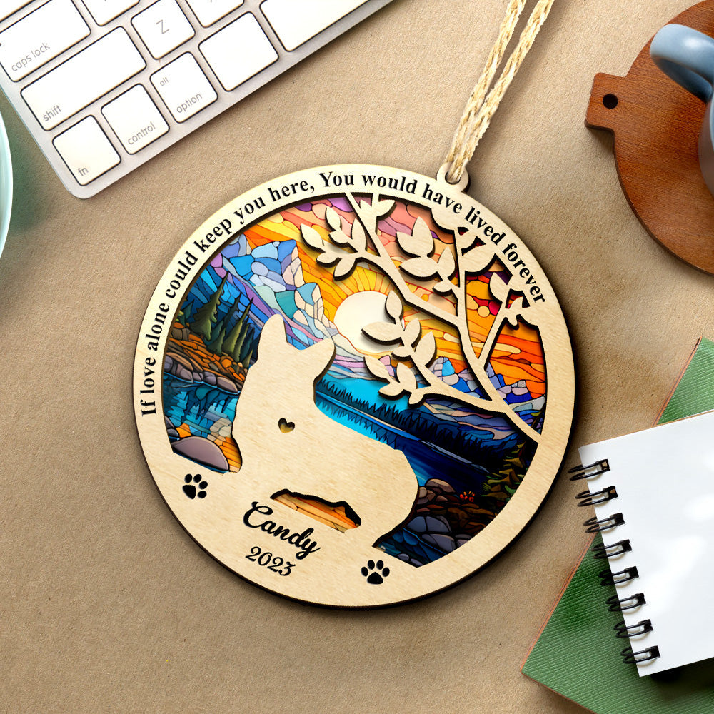 Dog memorial suncatcher, wooden ornament with custom name, pet loss gift.