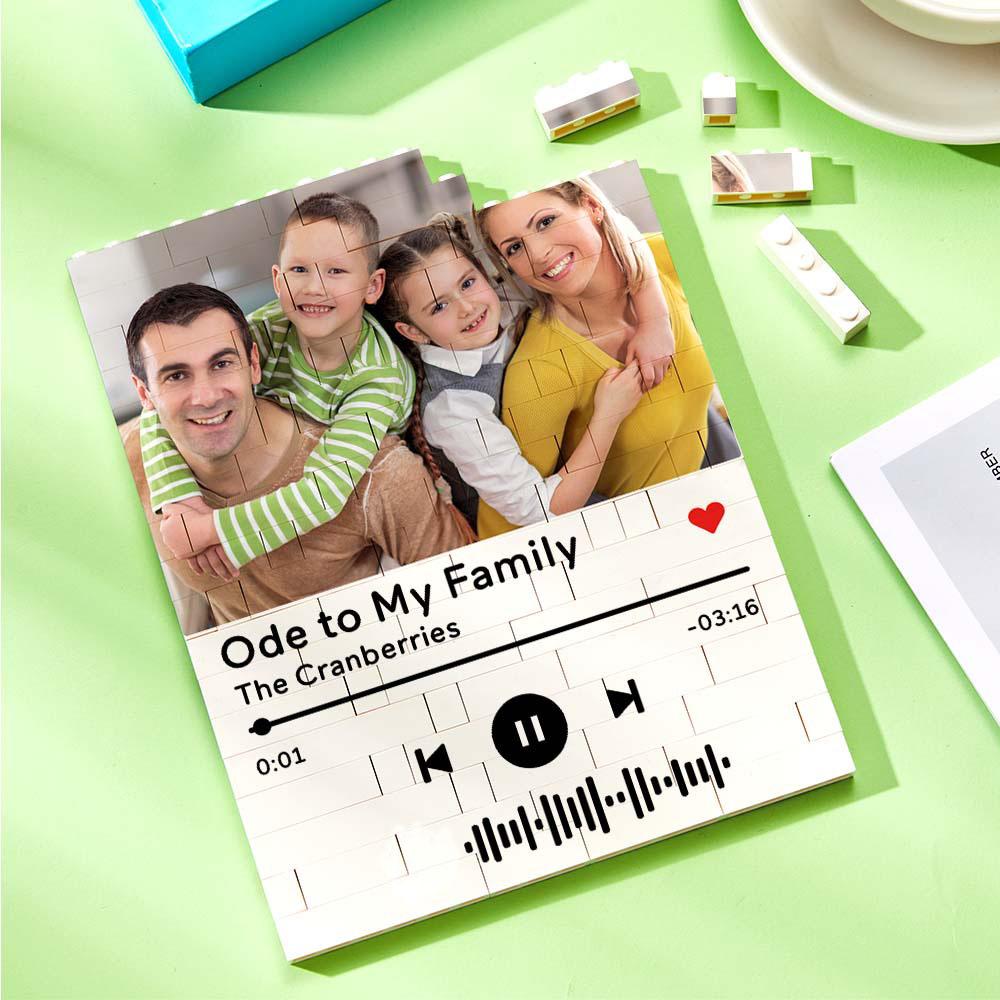 Personalized family photo brick puzzle with music code and song details, a unique gift.