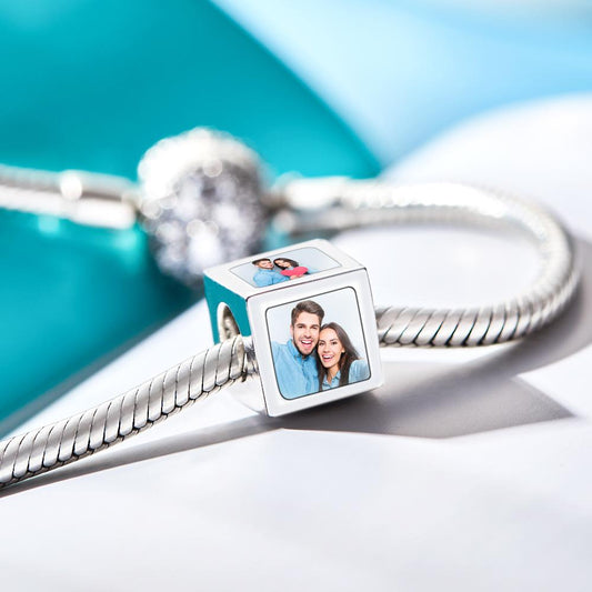 Square copper photo charm with a couple's photo, a personalized gift for women.