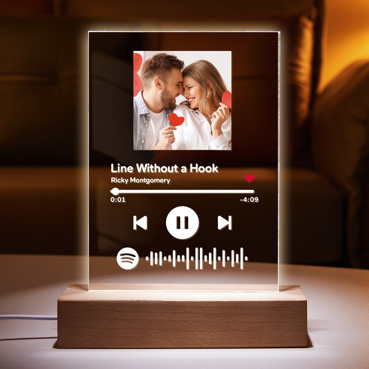 Custom acrylic music song plaque night light with couple photo, solid wooden base and scannable code