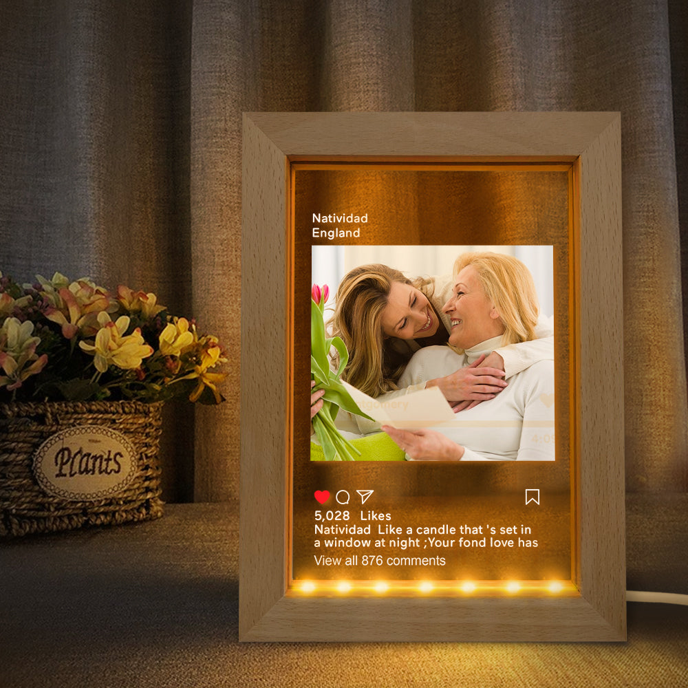 Custom LED night lamp picture frame with photo and text, warm LED light.