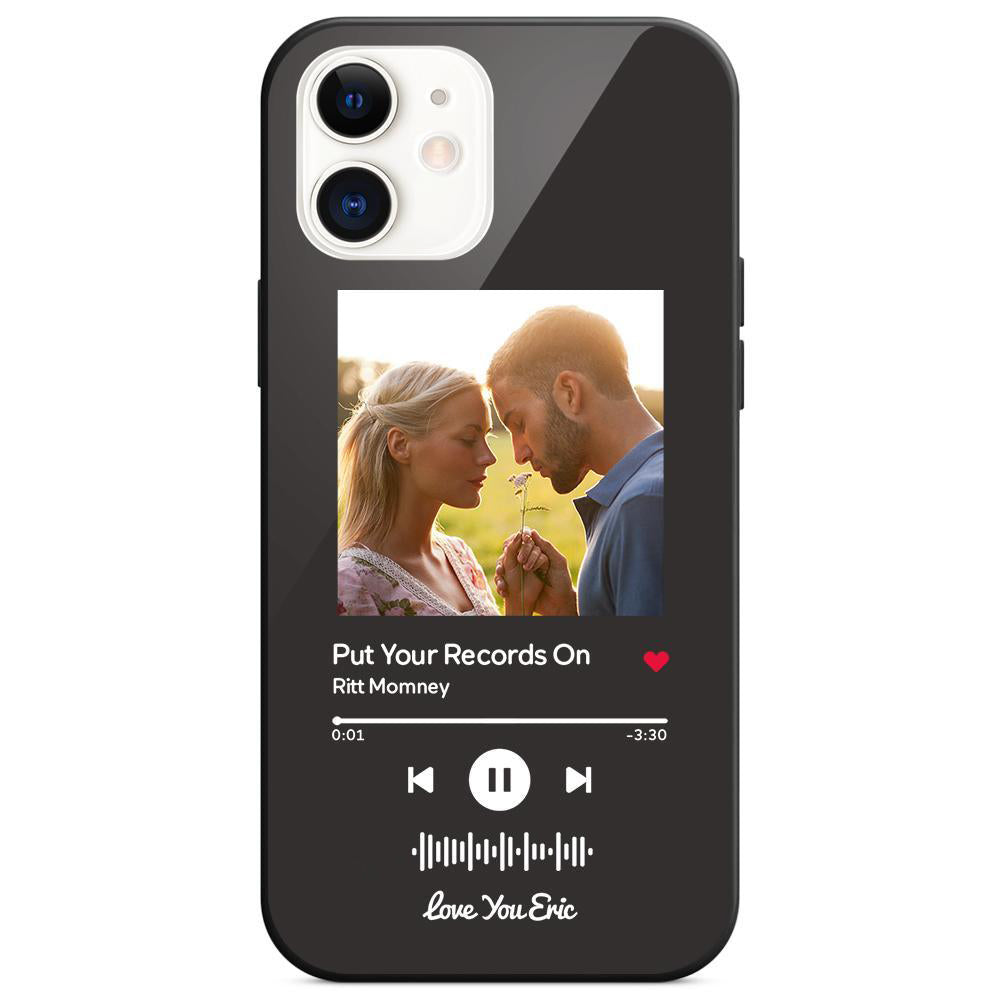Custom black iPhone case with couple photo and scannable music code, personalized music gift
