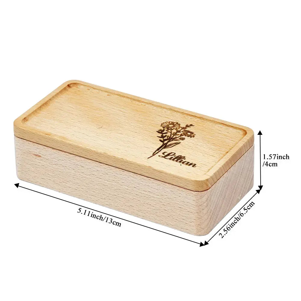 Personalized wooden birth flower jewelry box with dimensions, perfect gift for her.