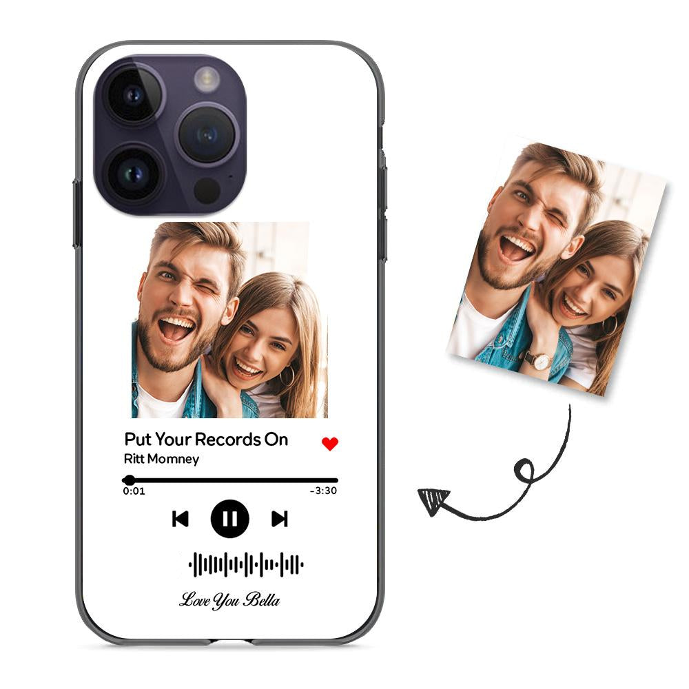 Custom white glass iPhone case with couple photo and "Put Your Records On" music code